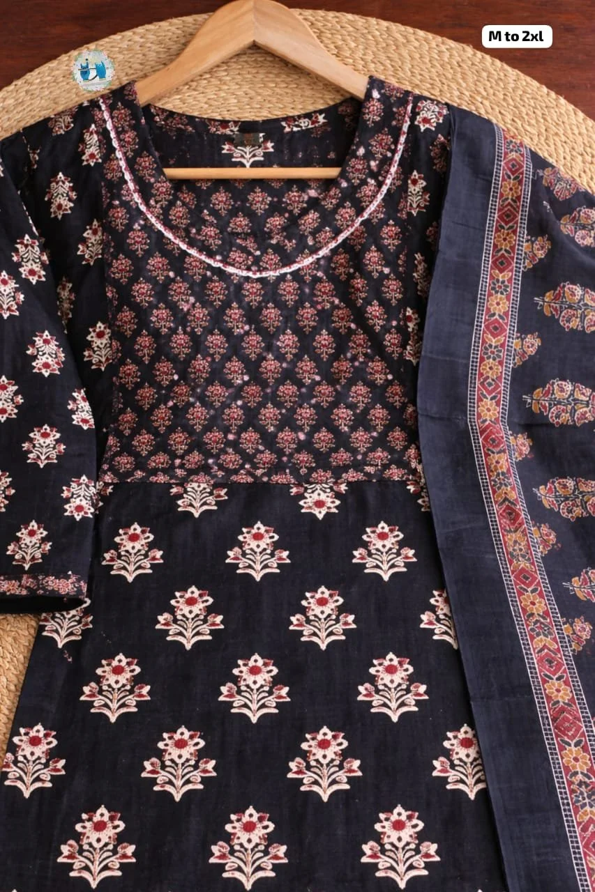 Ajrakh Print CottonStraight kurti pant set with dupattaCotton ,breathable, and beautifully traditional three piece setSize-M to 2xl Price-649+shippingReady Stock 1