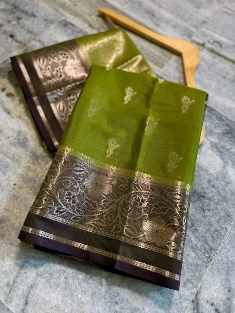 Olive Green Banarasi Katan  Silk Saree with Zari Floral Border 1