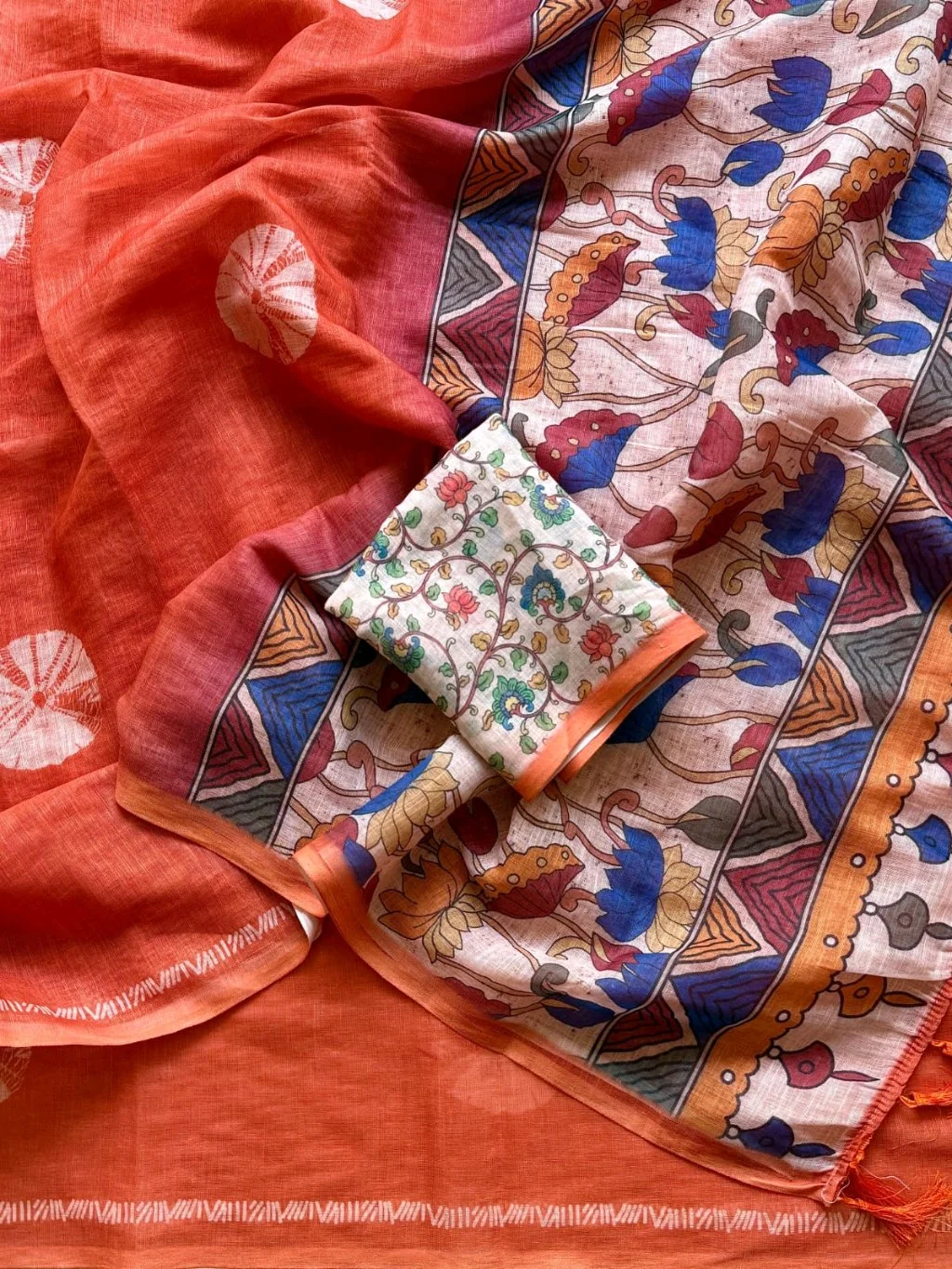 Cotton Lenin Saree with Shibori Print and Floral Blouse 7