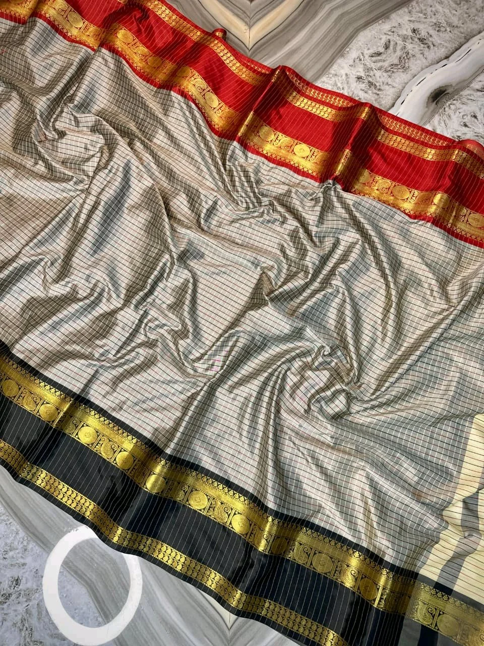 Grey Checkered Silk Saree with Red and Black Zari Borders