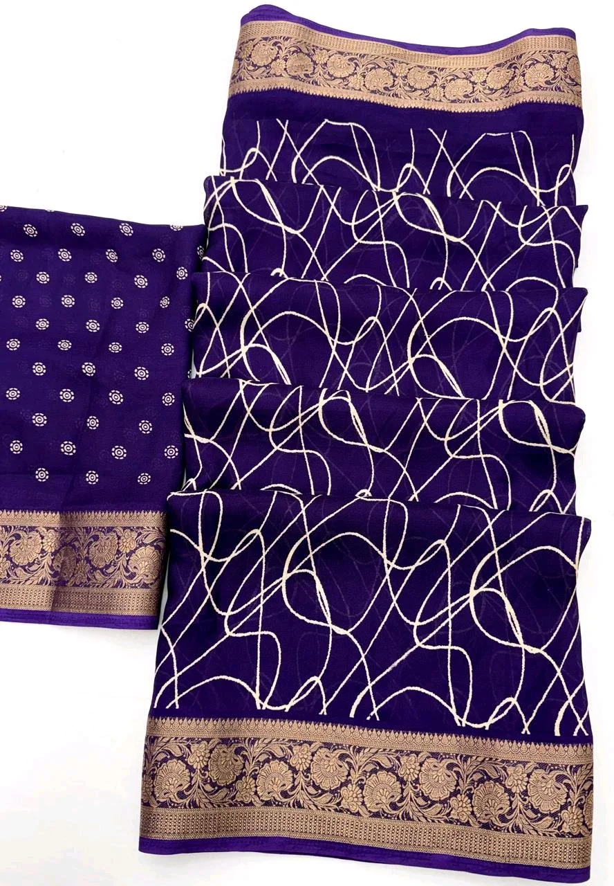 Marshmellow Print Saree with Abstract Print and Gold Zari Border thumbnail 4