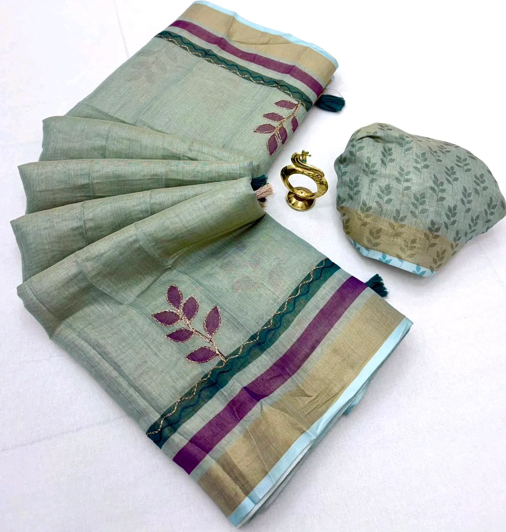 Pink Linen Blend Saree with Leaf Embroidery and Striped Border thumbnail 4
