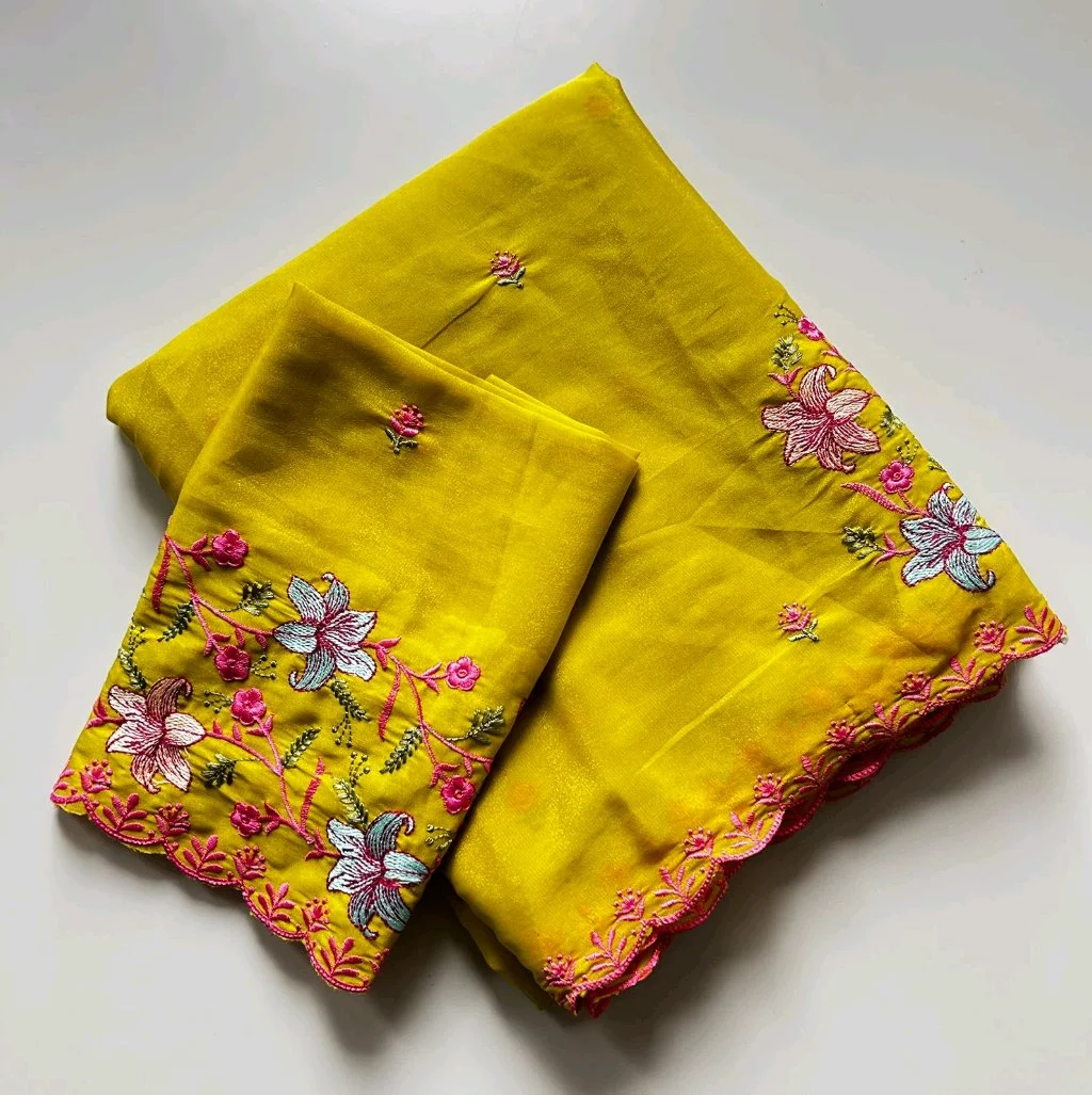 Yellow Embroidered Saree with Scalloped Border thumbnail 1