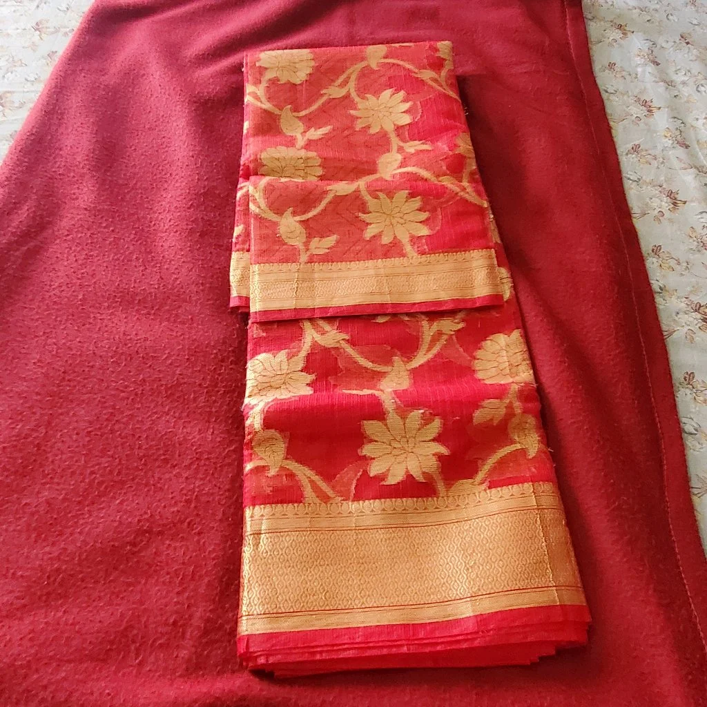 Red  Manipuri Kota Saree with Gold Floral Zari Weave