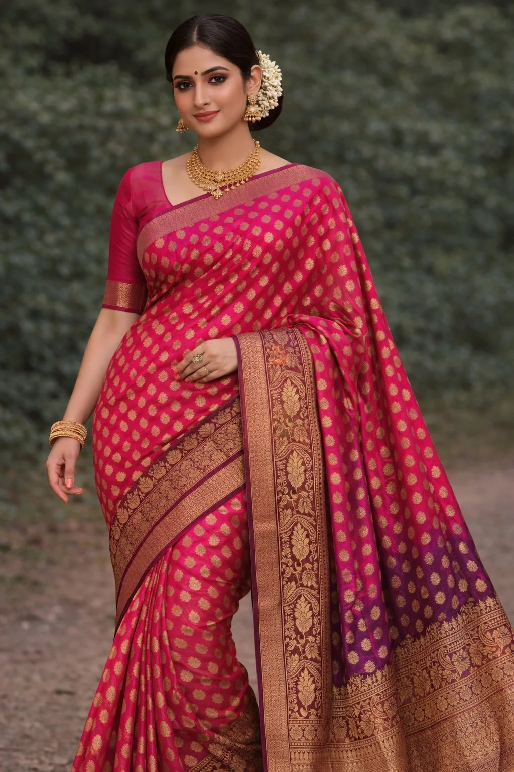 Pink Silk Saree with Gold Zari Weave 1