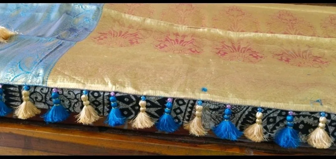 Blue and Cream Beaded Saree Pallu Tassels