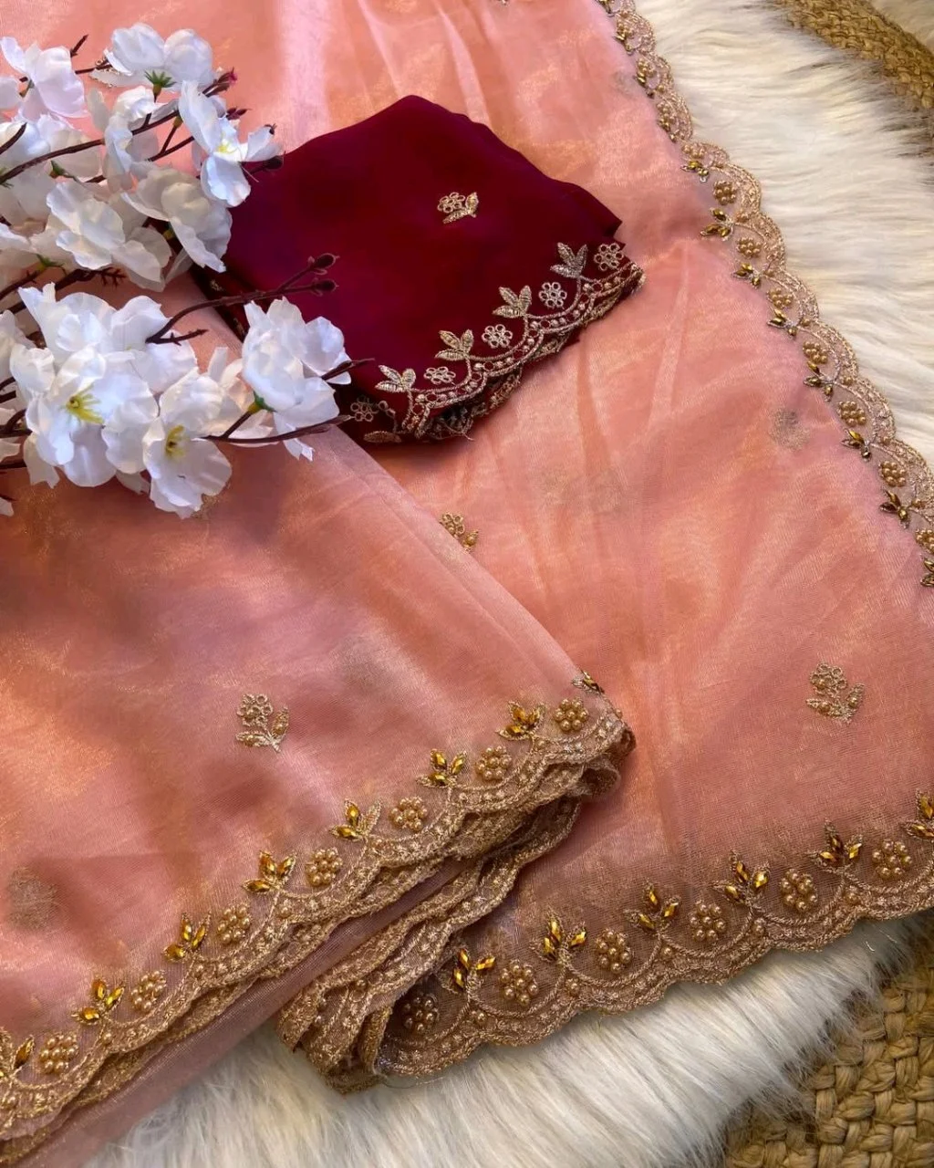 Pastel Organza Silk Blend Saree with Scalloped Embroidered Border 2