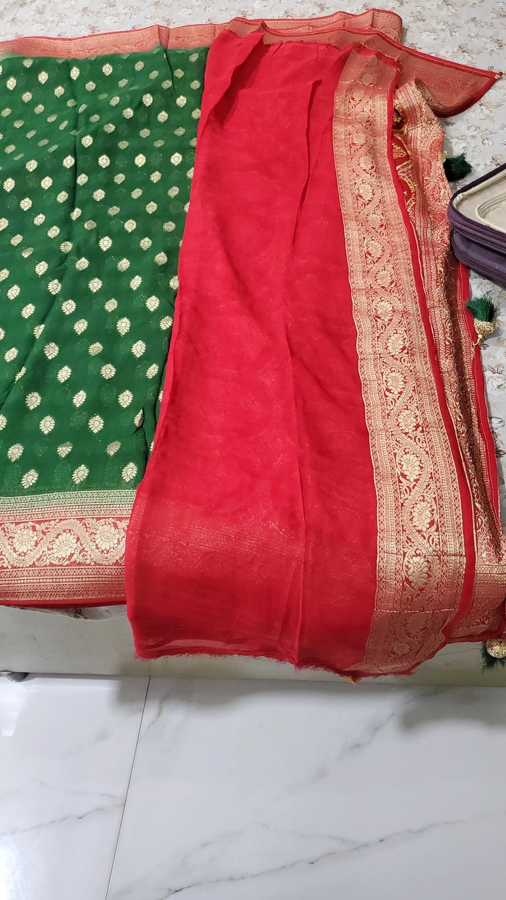 Green Georget Saree with Gold Zari Motifs and Red Border 5