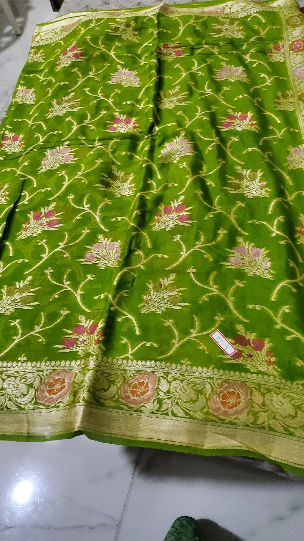 Green Pure Benarasi Chiffon Saree with Gold Zari Floral Weave and Rose Border thumbnail 2