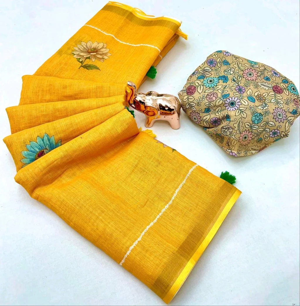 Floral Print Linen Blend Saree with Blouse Piece 2