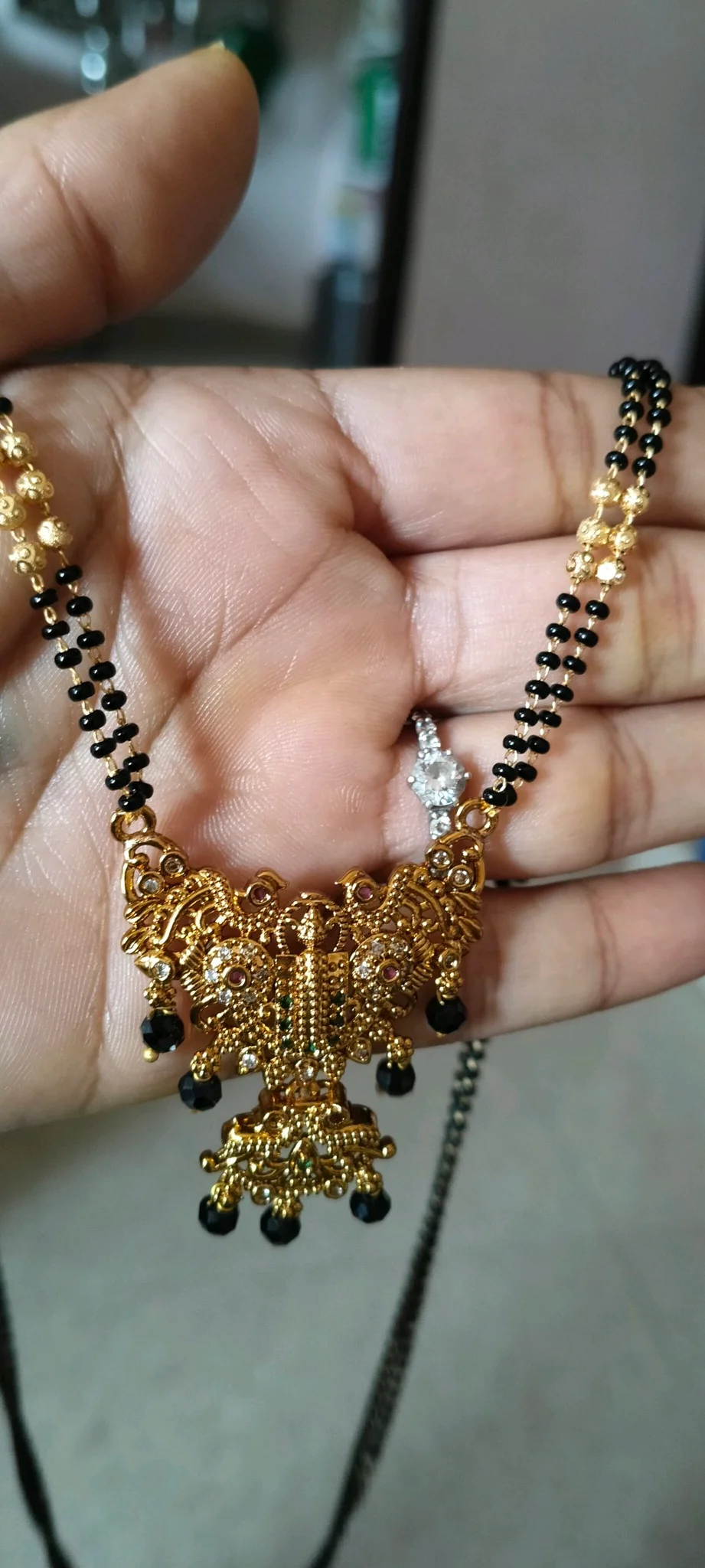 Gold Plated Black Bead Mangalsutra with Intricate Pendant