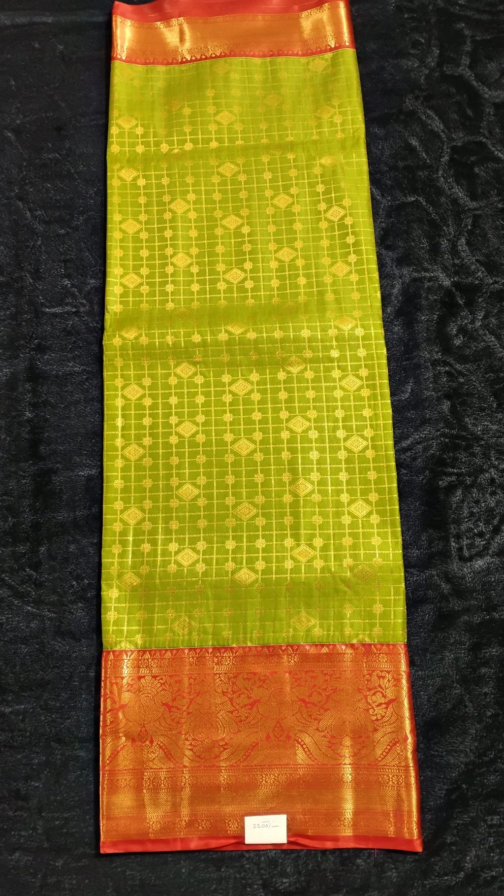 Pure Dharmavaram Lime Green Saree with Red and Gold Zari Border thumbnail 2