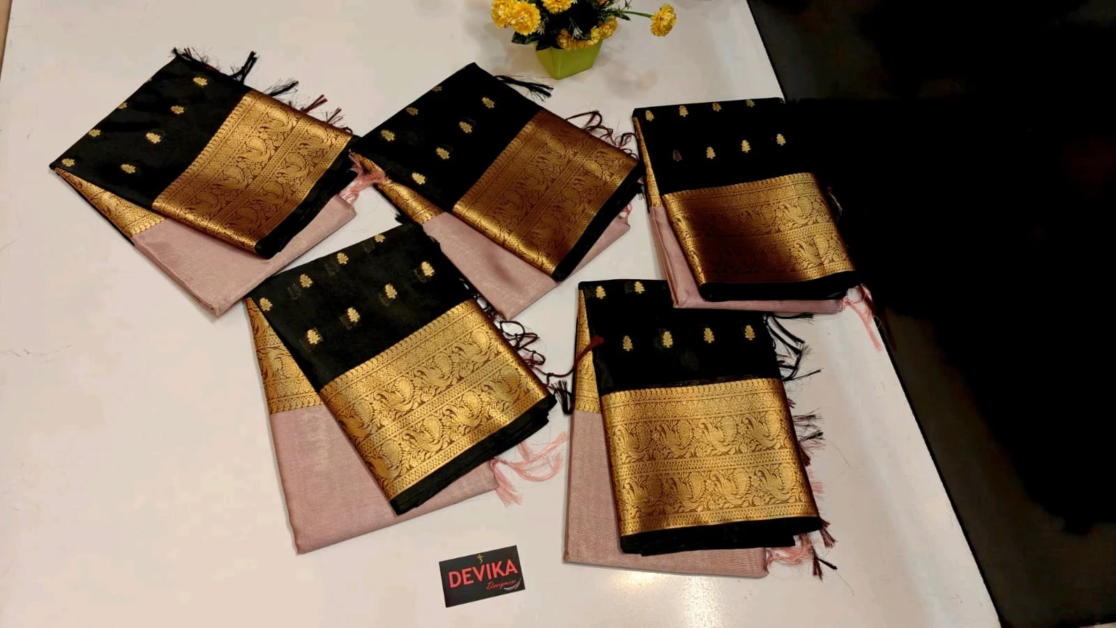 Black Cora Silk Saree with Gold Zari Border thumbnail 1