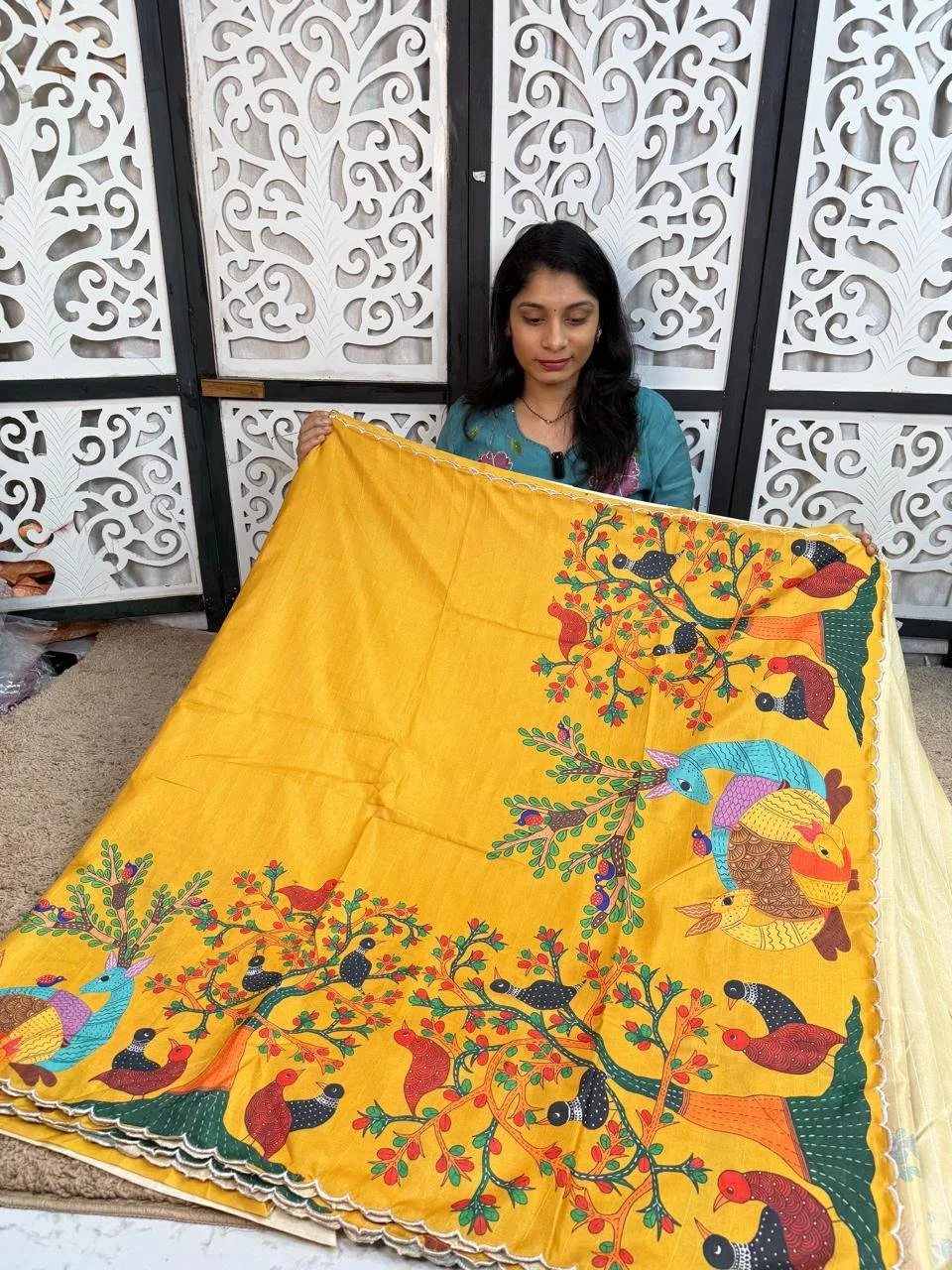 VYKUNTAPURAMNew arrivals…classy yellow colour sareeBeautiful light weight Tusser saree Allover saree nice colourfully kalamkari desgin...classy flower scalapup boarder..Price 1150 2