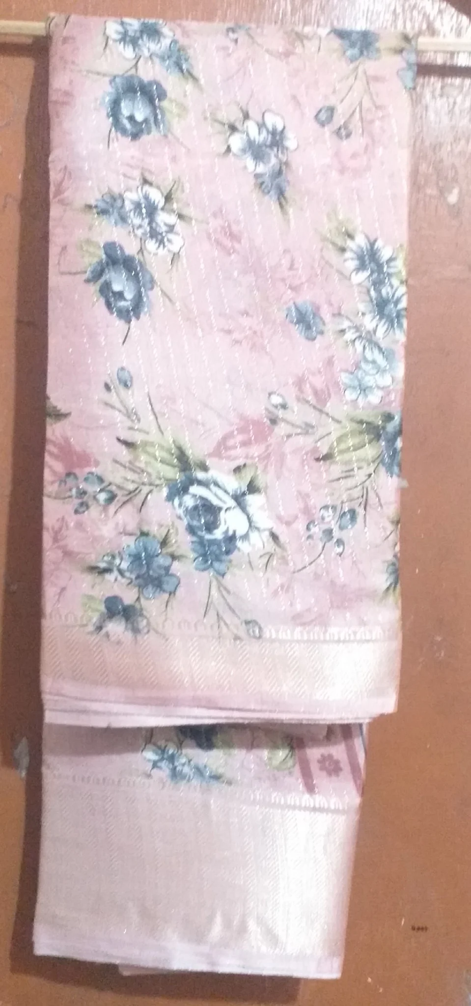 Pink Floral Print Saree with Glitter Stripes