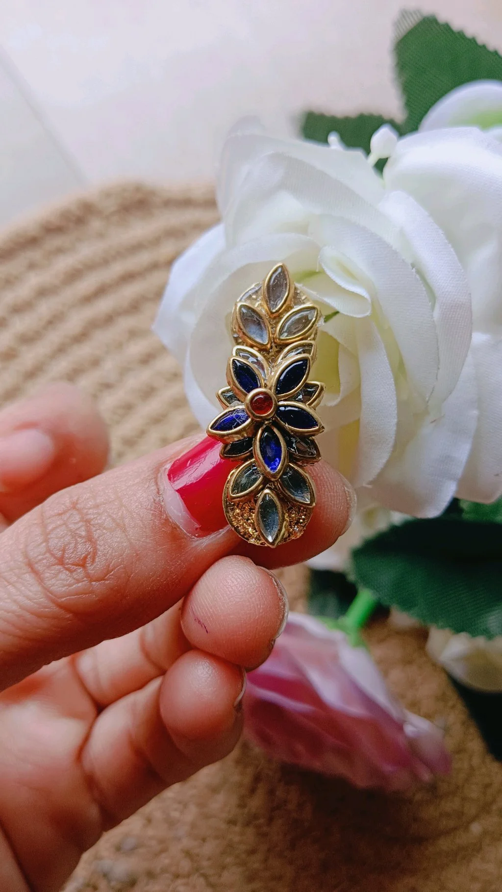 Gold Tone Floral Saree Brooch Pin with Blue and Red Stones 2