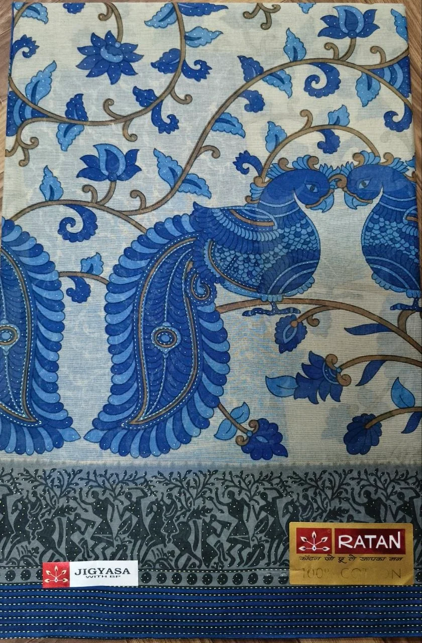 Ratan Jigyasa Blue Cotton Saree with Peacock and Warli Print thumbnail 1