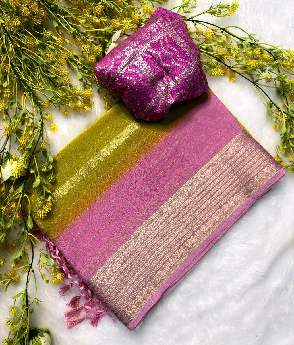 Viscose Chunon Saree with Gold Zari Border and Bandhani Blouse 1