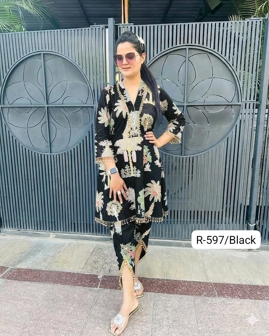 Code-R-597 FBRTulip Pants Set Highlights:• Premium pure cotton fabric• Eye-catching screen print design• Elegant gher-style kurti• Trendy tulip pants with lace finish• Designer latkan detailing on sleeves neckline hem and tulip pants• Perfect for festive, casual & day outingsColours-Orange,Yellow,Cream,Black,Blue,Red,Green,magentaQuality assured 100%Sizes-(34-44)(XS-XXL)plus sizes starts from 46-60 with extra chargePrice-1350 free shipPlus size chart and prices attached46/48-100 extra50/52-150 extra54/56-200 extra58/60-250 extraKeep shopping Keep selling 6