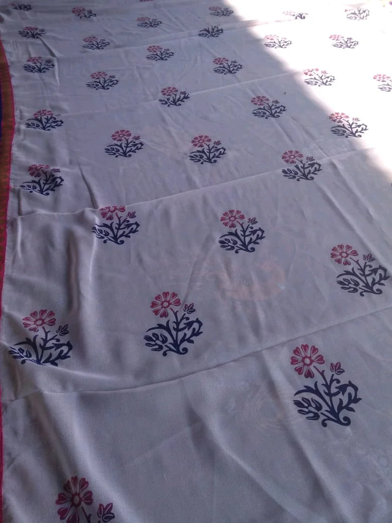 White Floral Block Print Fabric