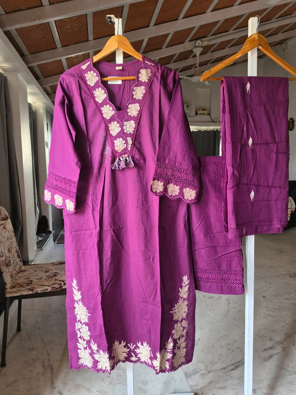 Purple Embroidered Cotton Suit Set