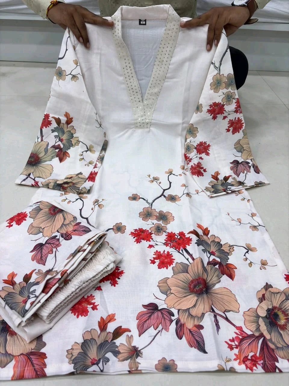 White Floral Print Palazzo Set with Embroidered Neck thumbnail 2