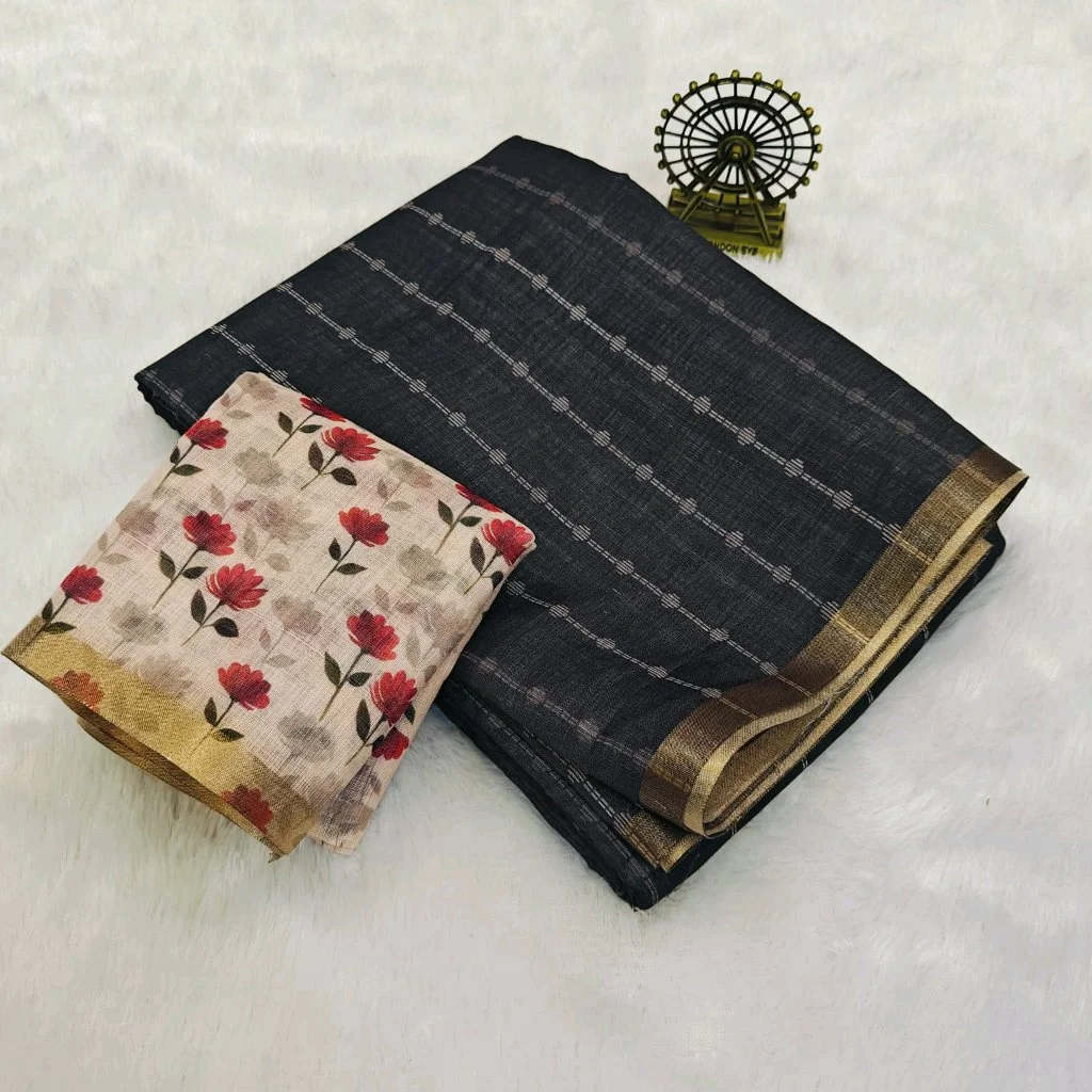 Black Striped Saree with Floral Blouse Piece thumbnail 1