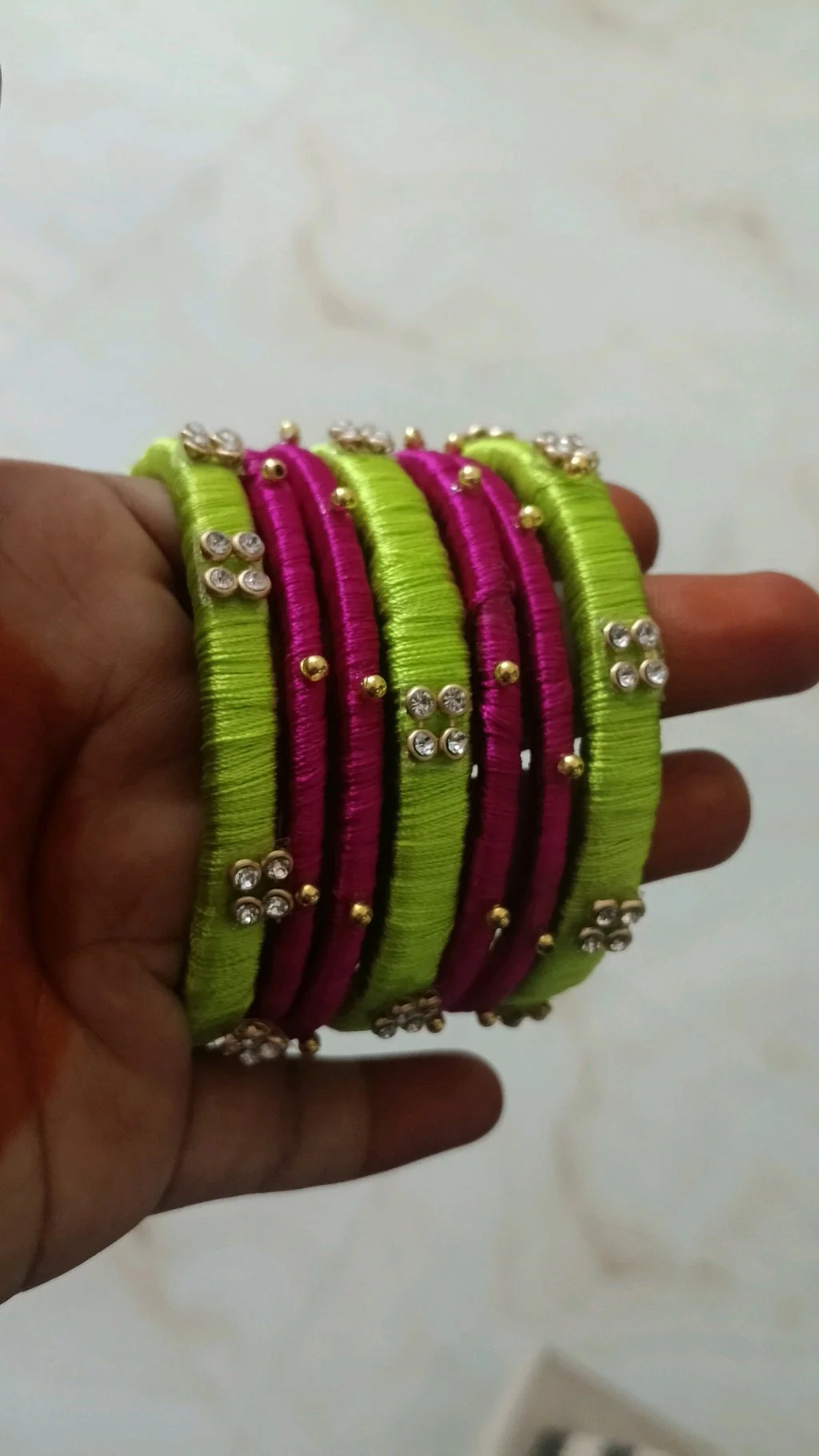 Lime Green and Hot Pink Silk Thread Bangles with Stone Work