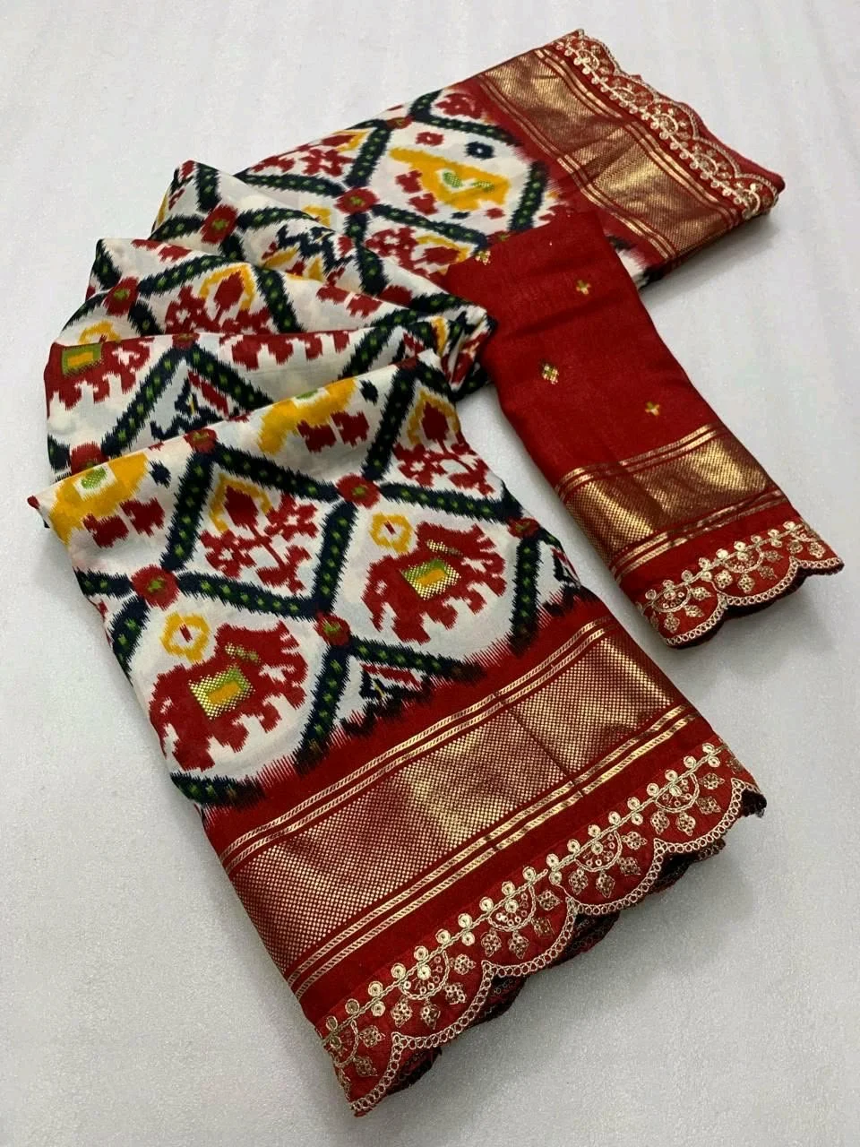 Red Ikat Saree with Blue Striped Pallu 9