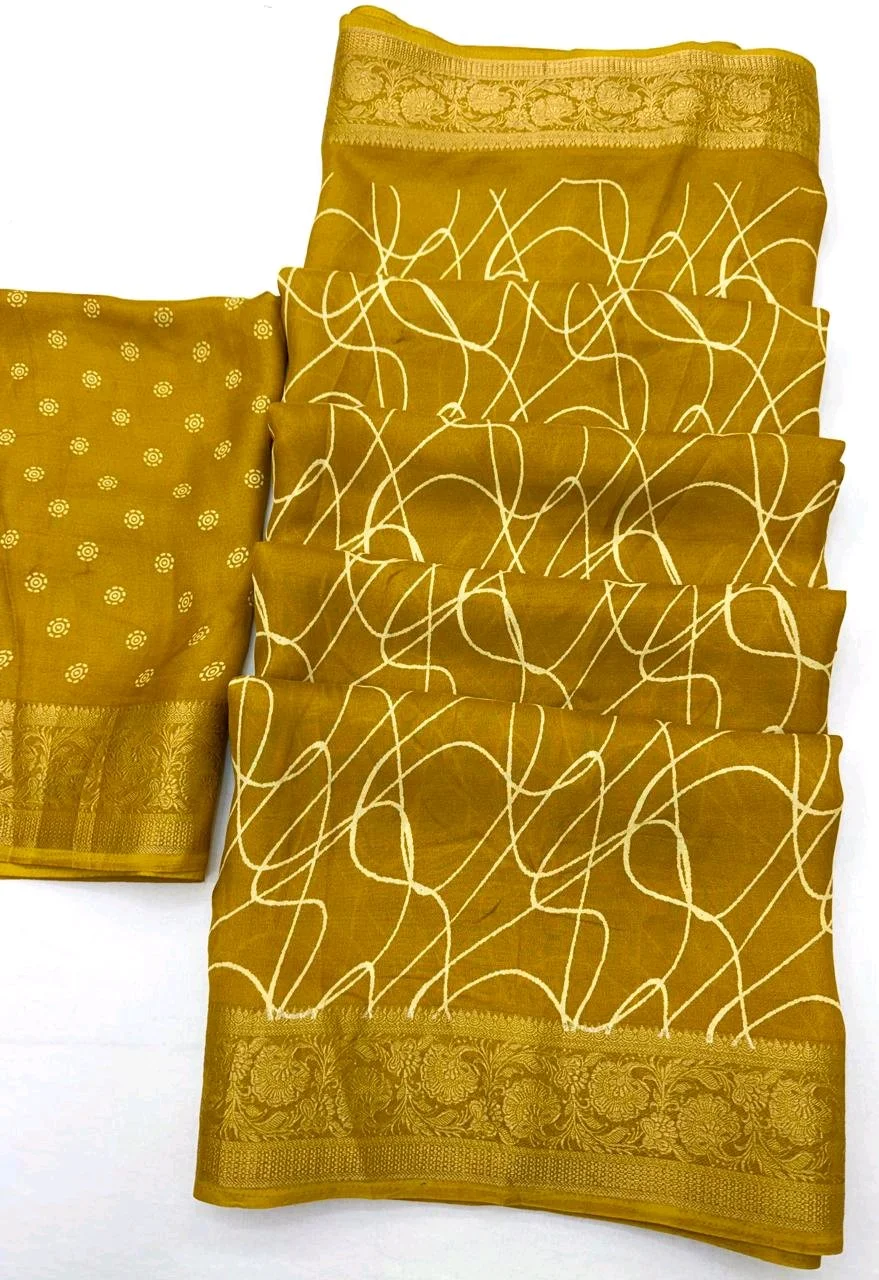 Marshmellow Print Saree with Abstract Print and Gold Zari Border thumbnail 5