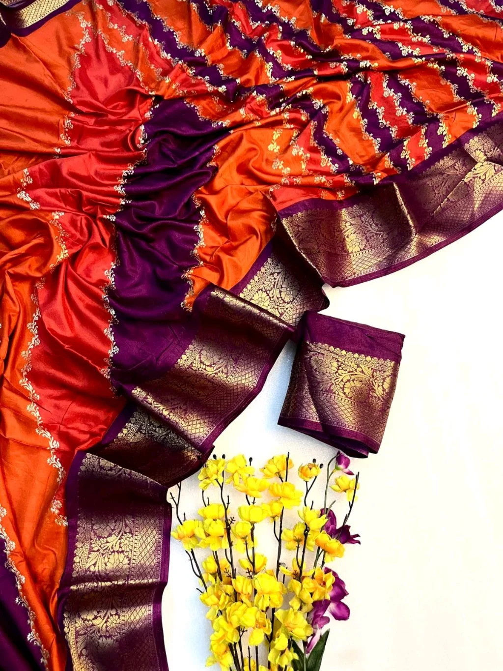 Orange and Purple Silk Blend Saree with Gold Zari Border thumbnail 2