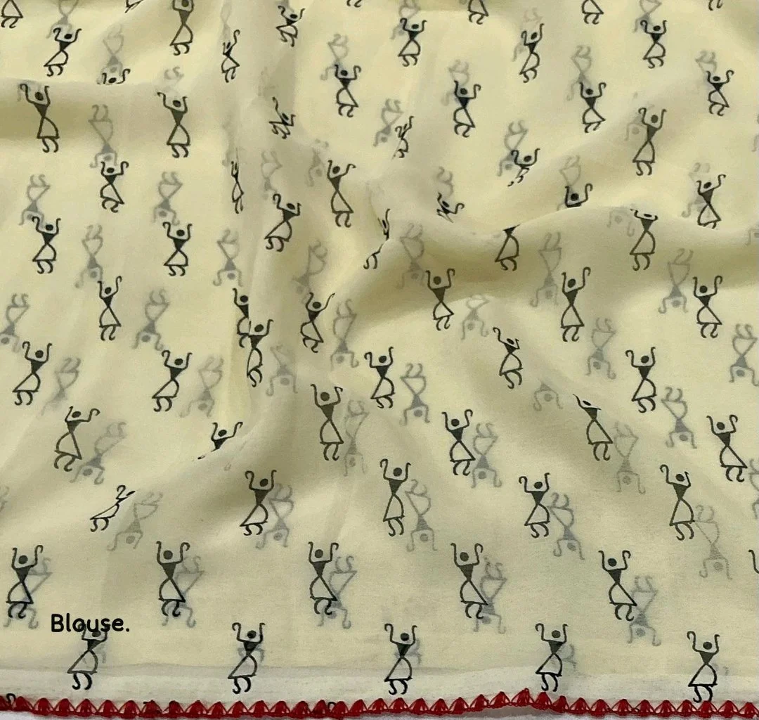 Cream Georgette Worli Print Saree 4