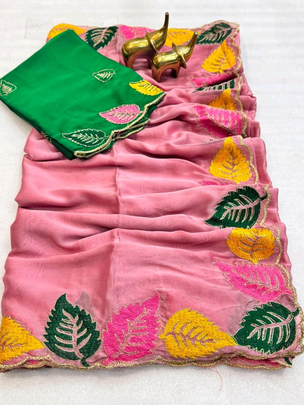 Rangoli Soft Silk Saree with Leaf Embroidery and Contrast Blouse 2
