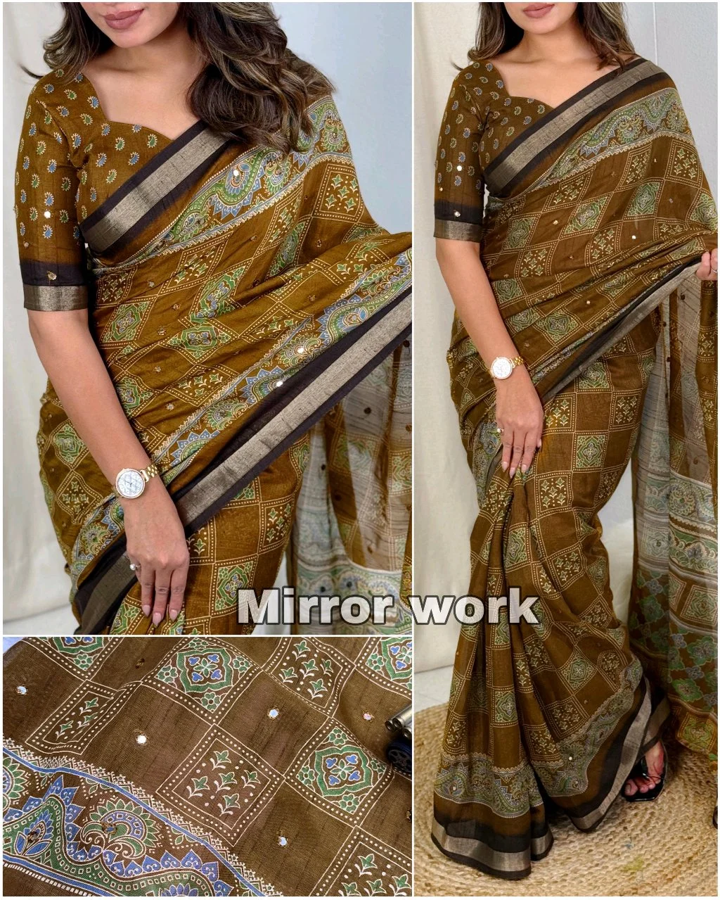 Brown Mirror Work Linen Saree