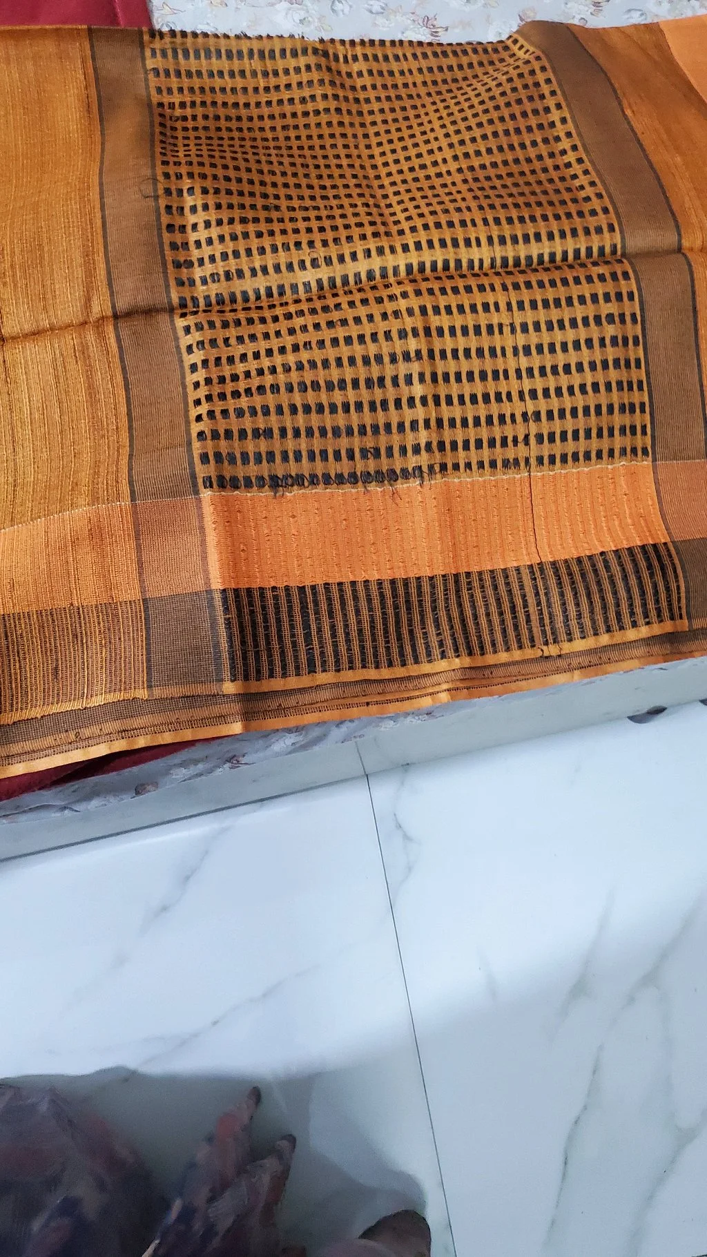 Mustered Yellow  testured With Thread Work Tusser Silk Saree with Striped Border 2