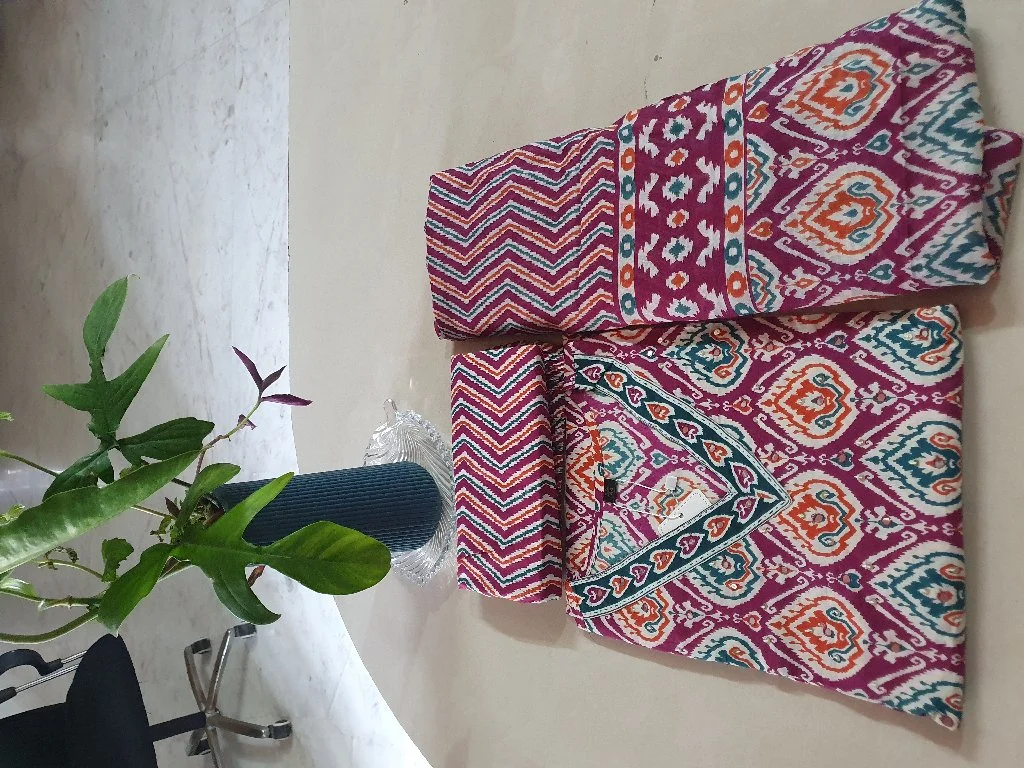 Magenta Ikat and Chevron Print Cotton 3 Piece Readymade Suit