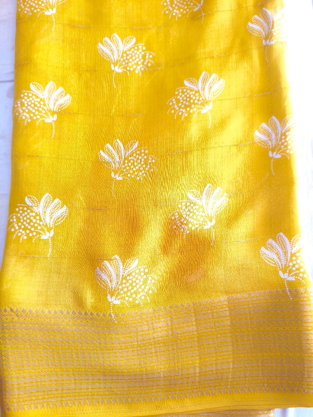 Yellow Silk Saree with White Floral Motifs