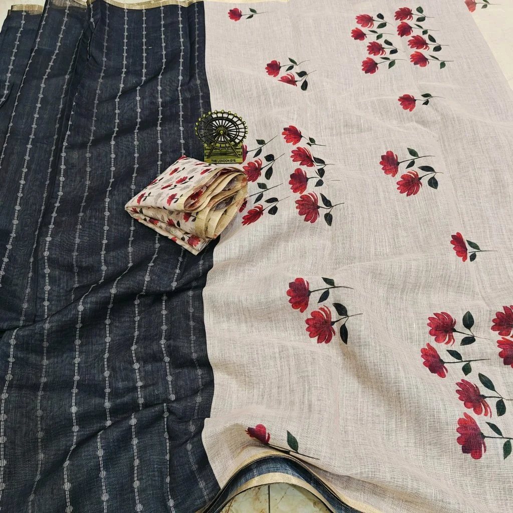Black Striped Saree with Floral Blouse Piece thumbnail 3