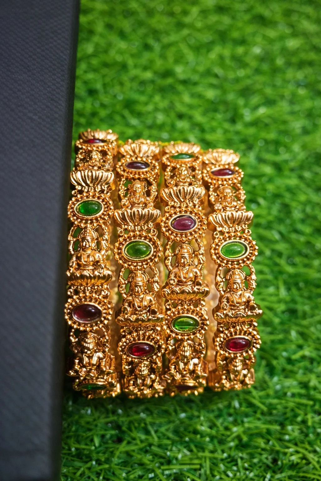 Gold Toned Temple Design Bangles with Green and Maroon Stones Size 2.4 Size 2.6 Size 2.8 thumbnail 4