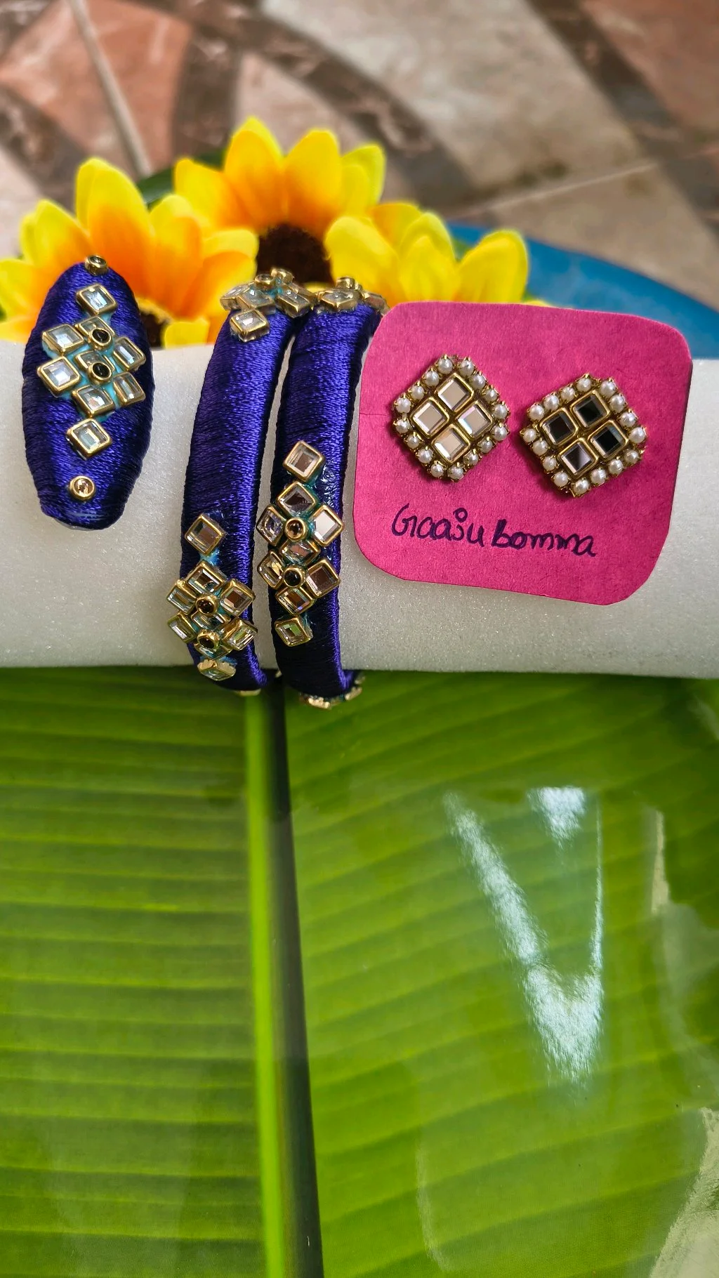 Blue Silk Thread Bangle Set with Kundan Earrings thumbnail 2