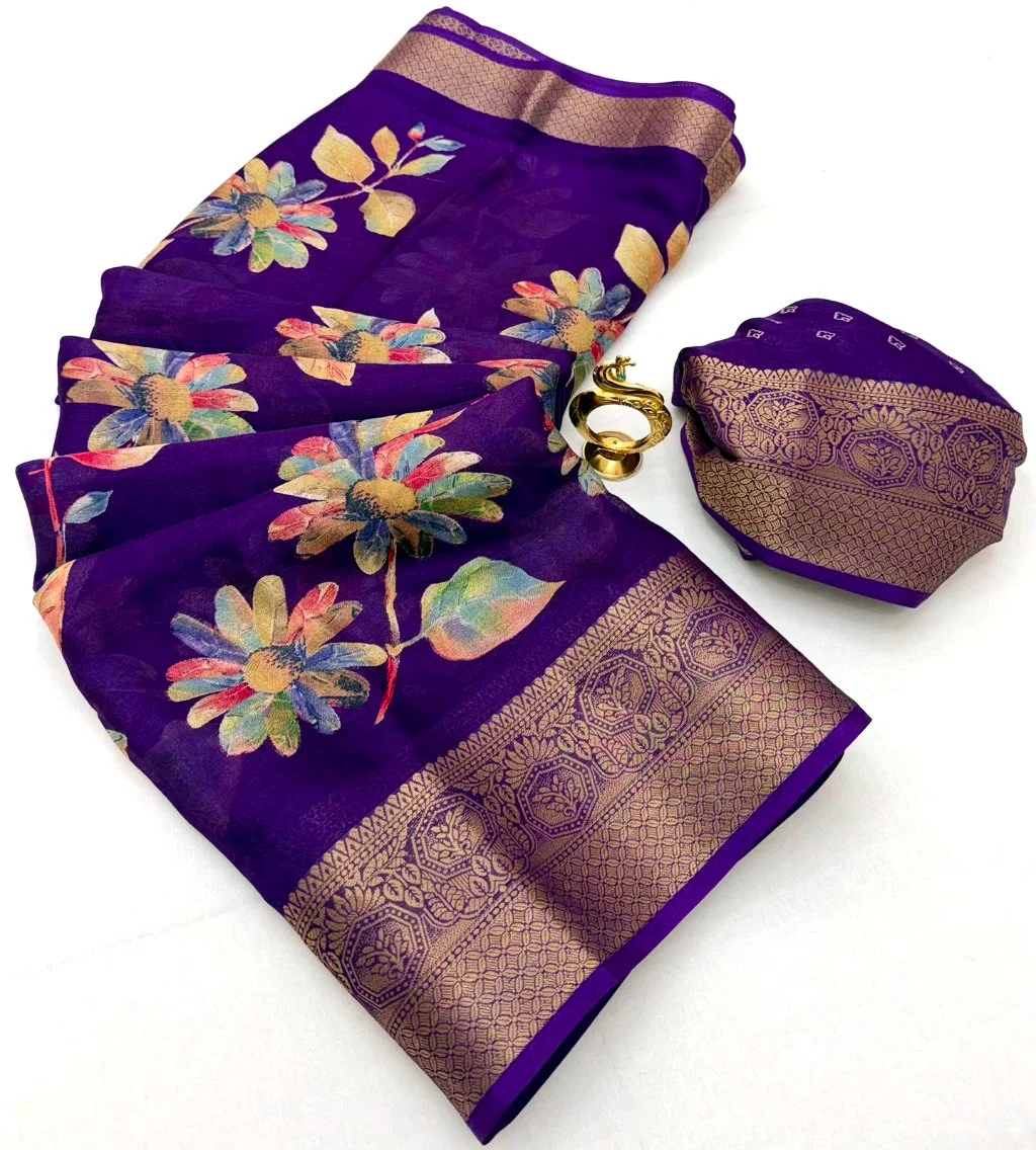 Marshmellow  Floral Print Saree with Zari Border 6