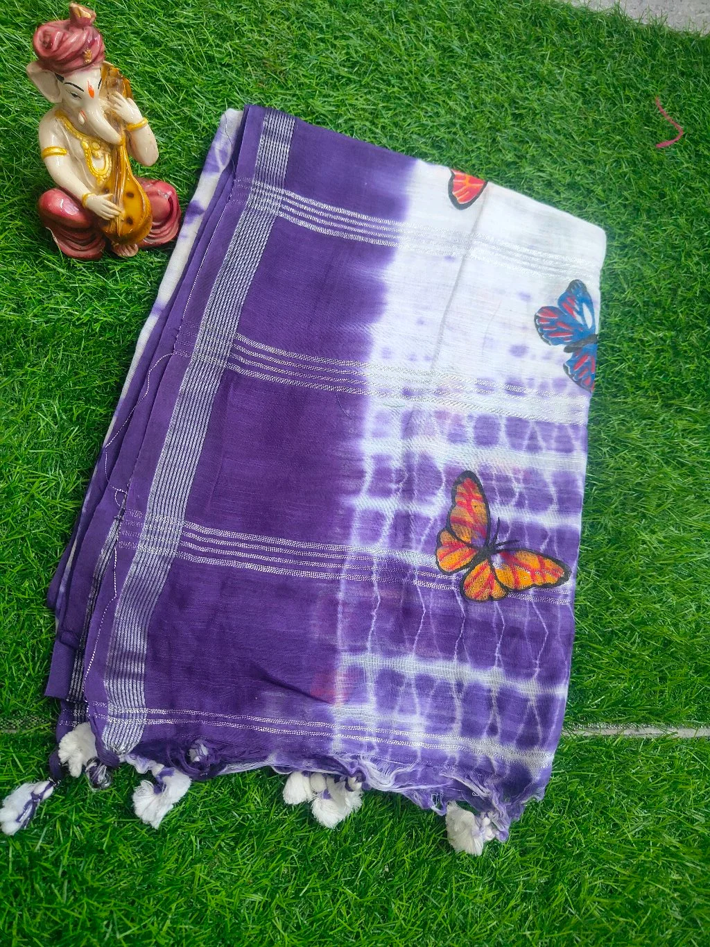 Purple and White Tie-Dye Butterfly Print Cotton Dupatta 1