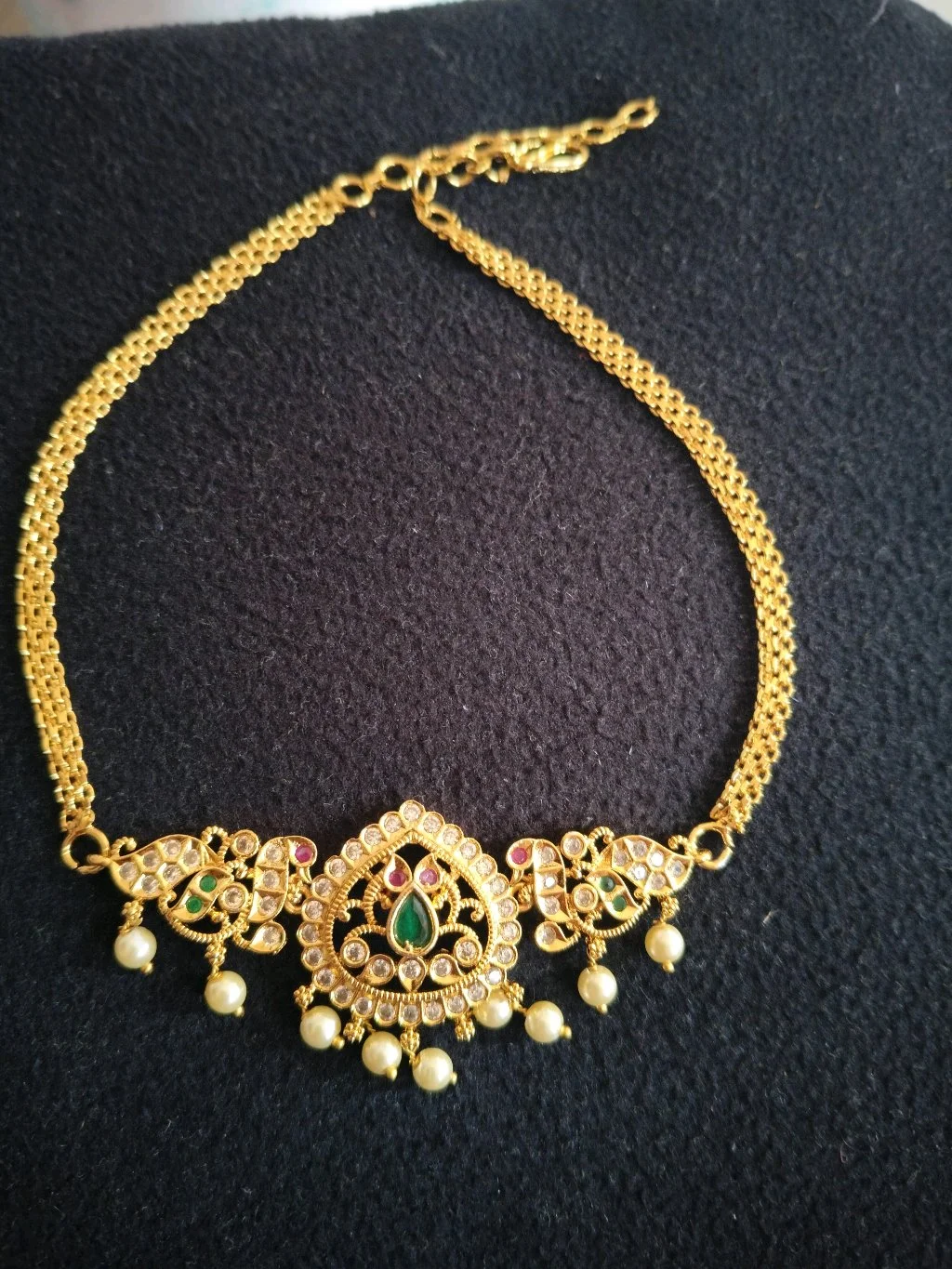 Gold Plated Traditional Choker Necklace with Ruby Emerald and Pearl Drops