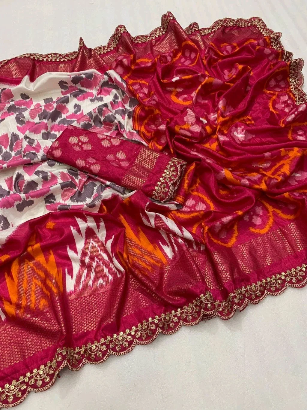 Red Ikat Saree with Blue Striped Pallu 3