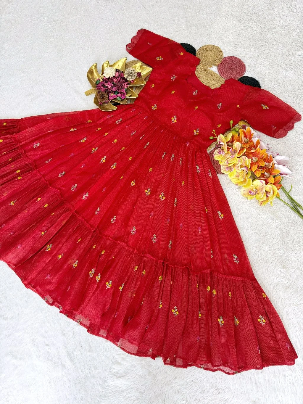 Soft Kota Frock with Colorful Leaf Prints 4