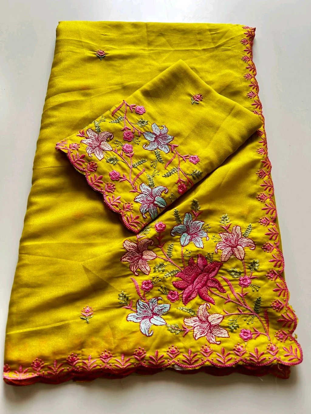 Yellow Embroidered Saree with Scalloped Border thumbnail 9