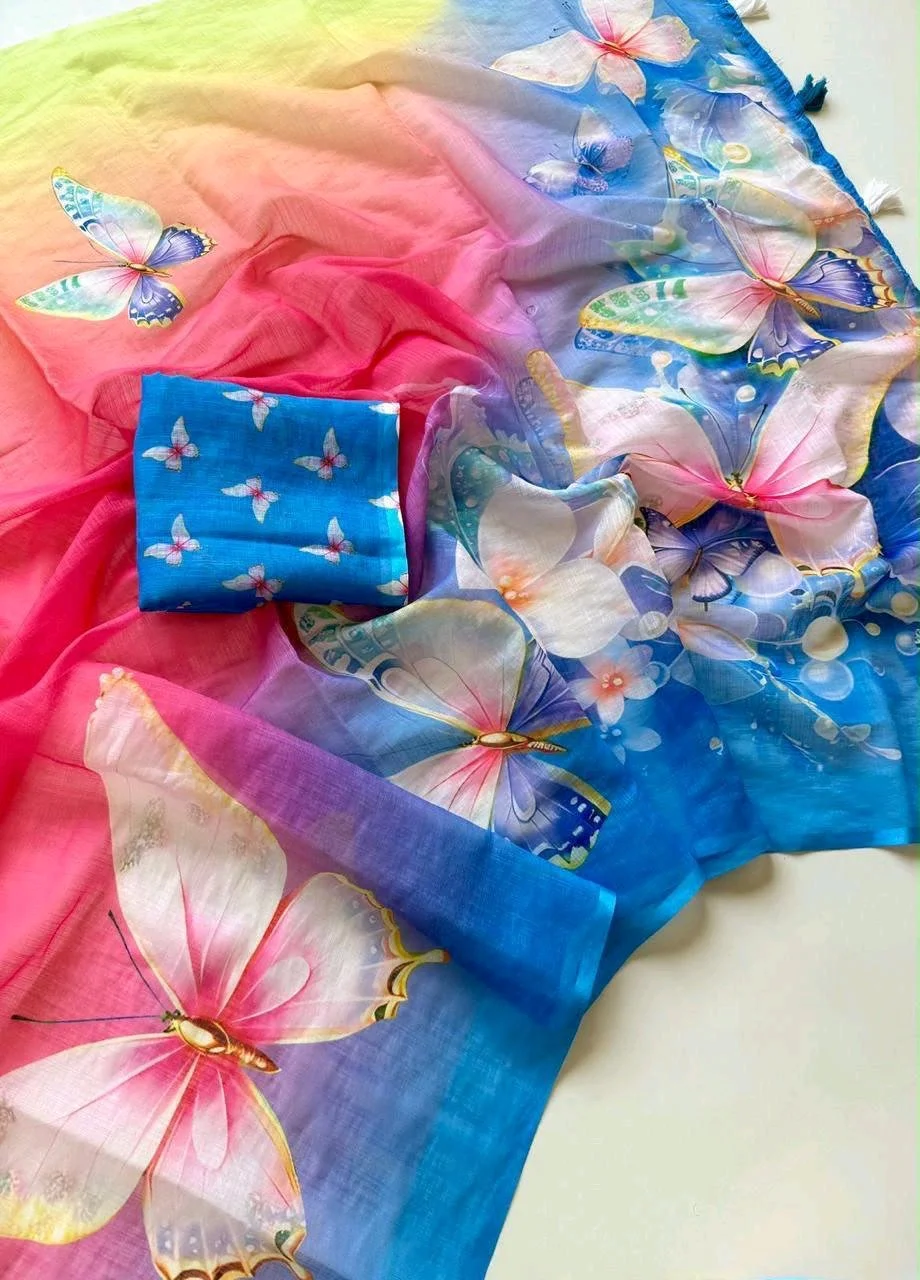 Soft Linen Blend Floral Butterfly Print Saree Collection thumbnail 5