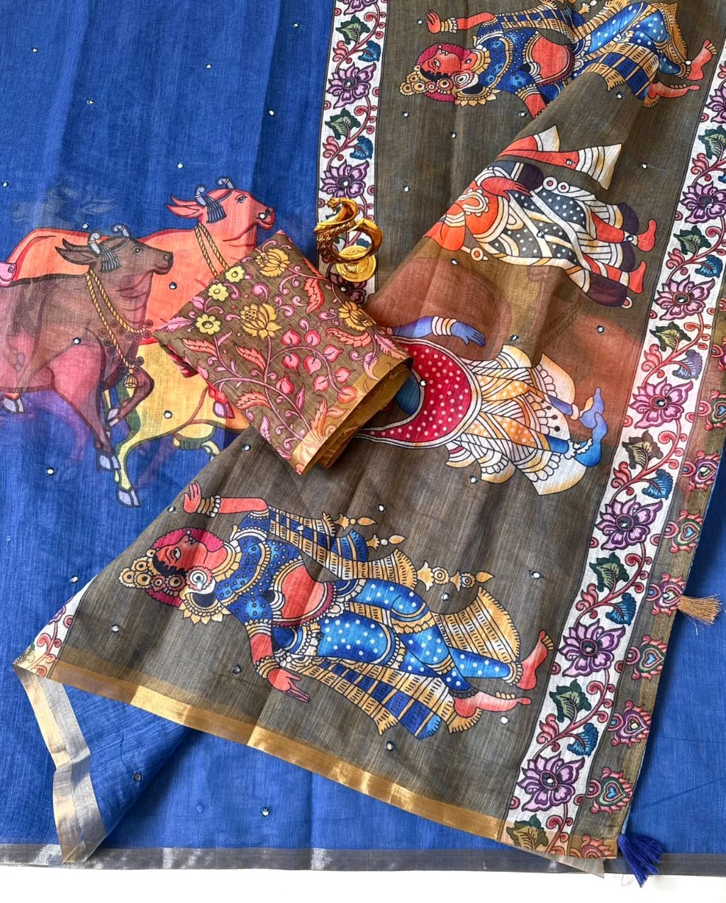 Linen Cotton Saree with Kalamkari Print Blouse 4