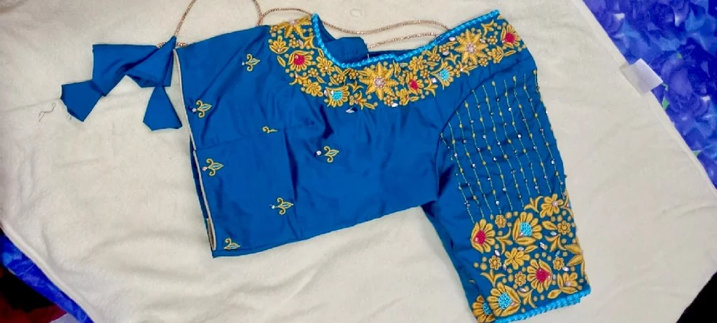 Blue Computer Embroidered Blouse Piece