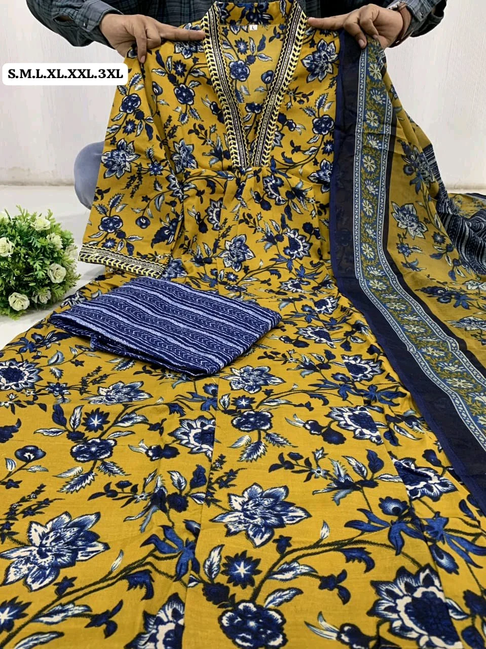 Mustard Yellow Floral Print Kurta Set with Dupatta 2